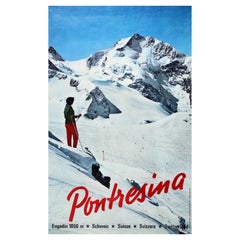 Poster originale d'epoca sullo sci Pontresina Svizzera Sport Invernali Alpi Svizzere