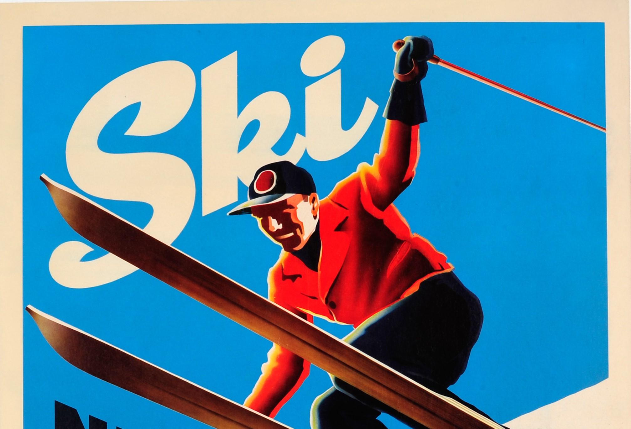 Original vintage Art Deco style ski travel poster - Ski New York - featuring a dynamic illustration of a smiling skier wearing a red jacket and dark blue cap with his arms outstretched, jumping through the air on wooden skis against the blue sky