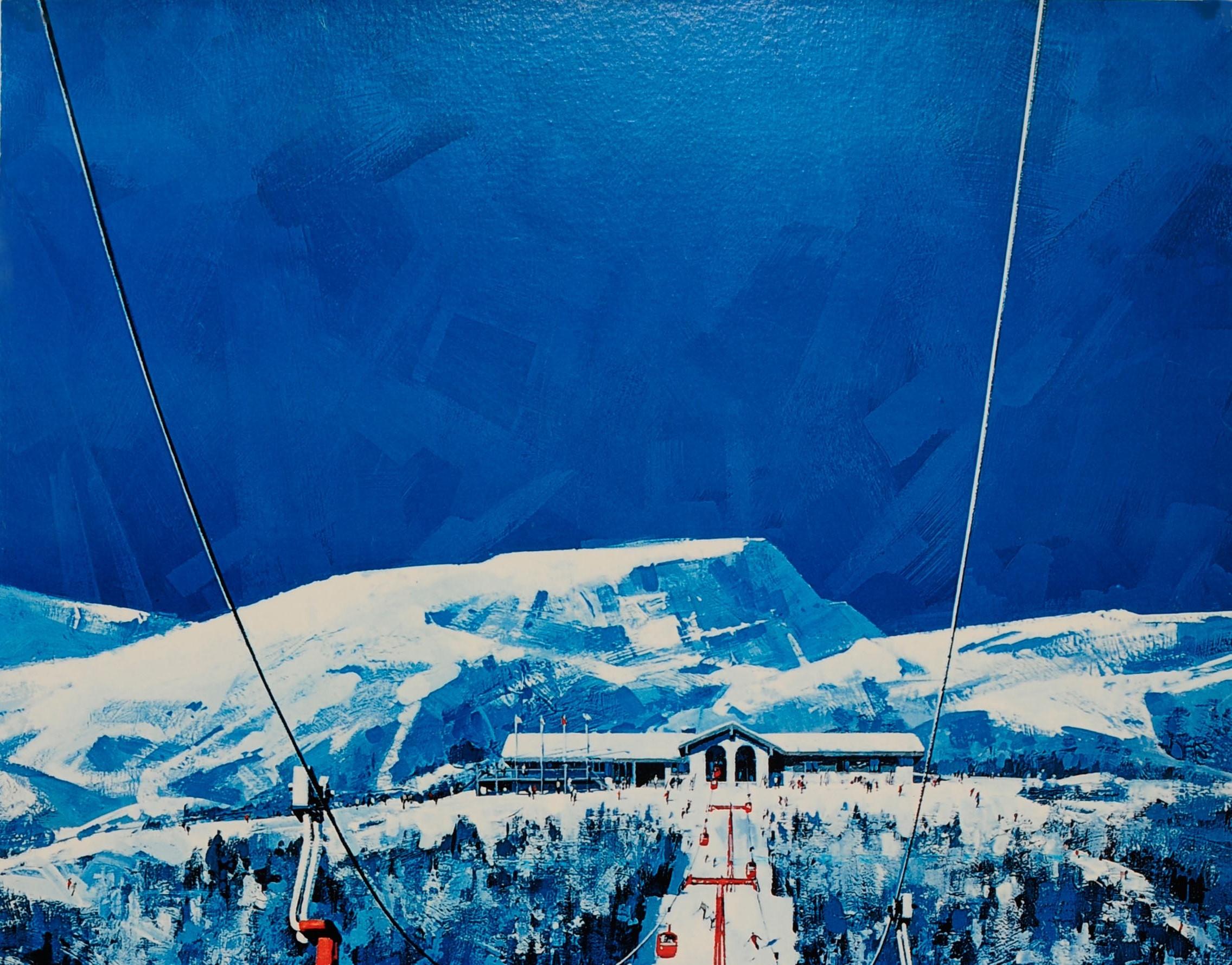 Original vintage skiing poster for the Stowe alpine ski resort (since 1933) in Vermont America featuring a great image of skiers in red cable car cabins riding over the trees and skiers skiing down the pistes below in striking blue and white shades