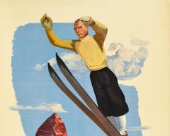 Original Vintage Skiing Poster Val D'Aosta Italy Ski Jump Winter Sport Travel