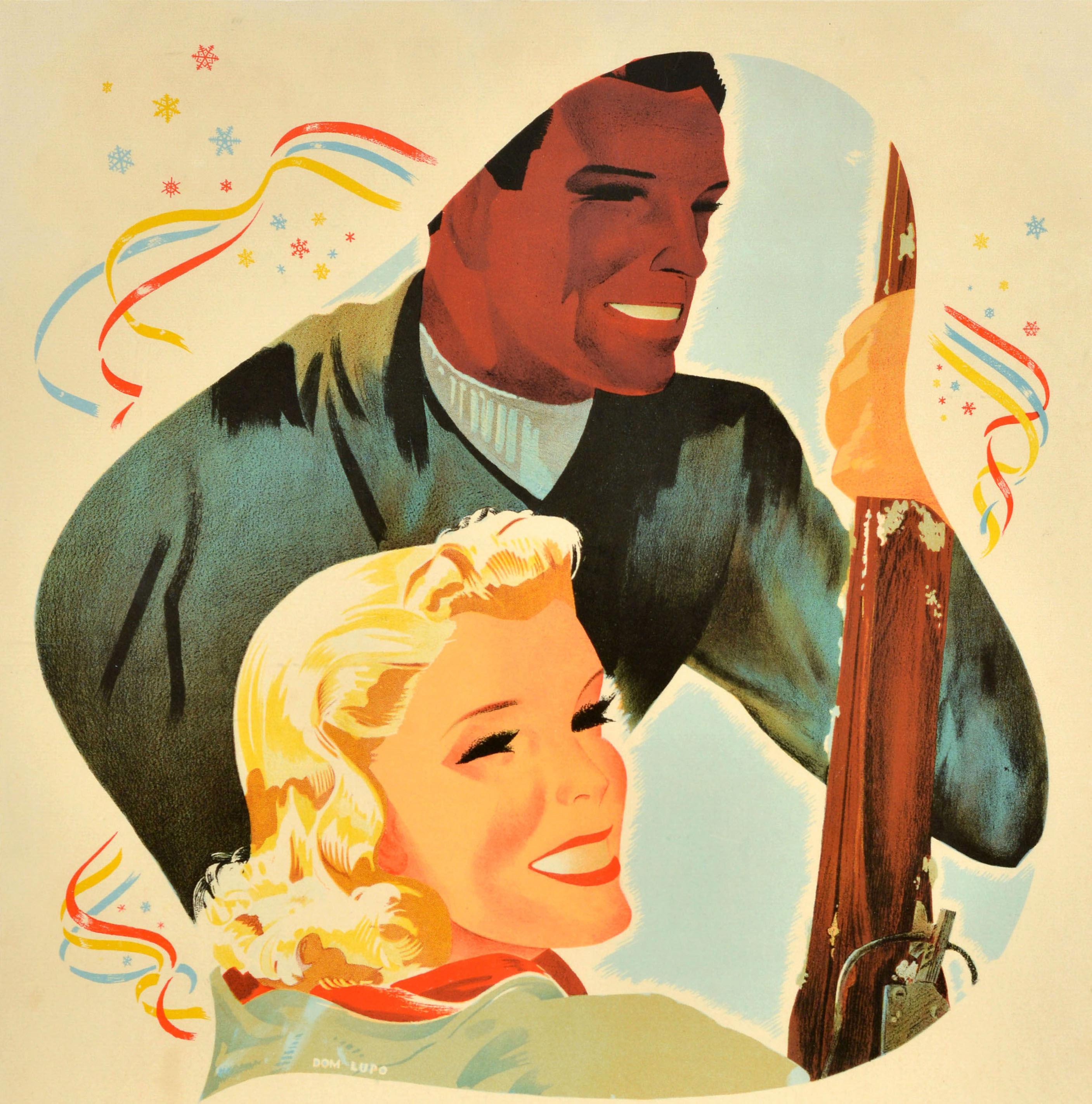 Original vintage skiing sport poster for the Dartmouth Winter Carnival held on 6-7 February 1942 featuring a design by Dom Lupo depicting the bold title text below an image of a smiling young lady and man holding skis with colourful red, yellow and