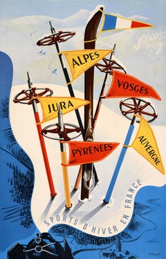 Original Vintage Skiing Train Travel Poster Winter Sports in France SNCF Vecoux