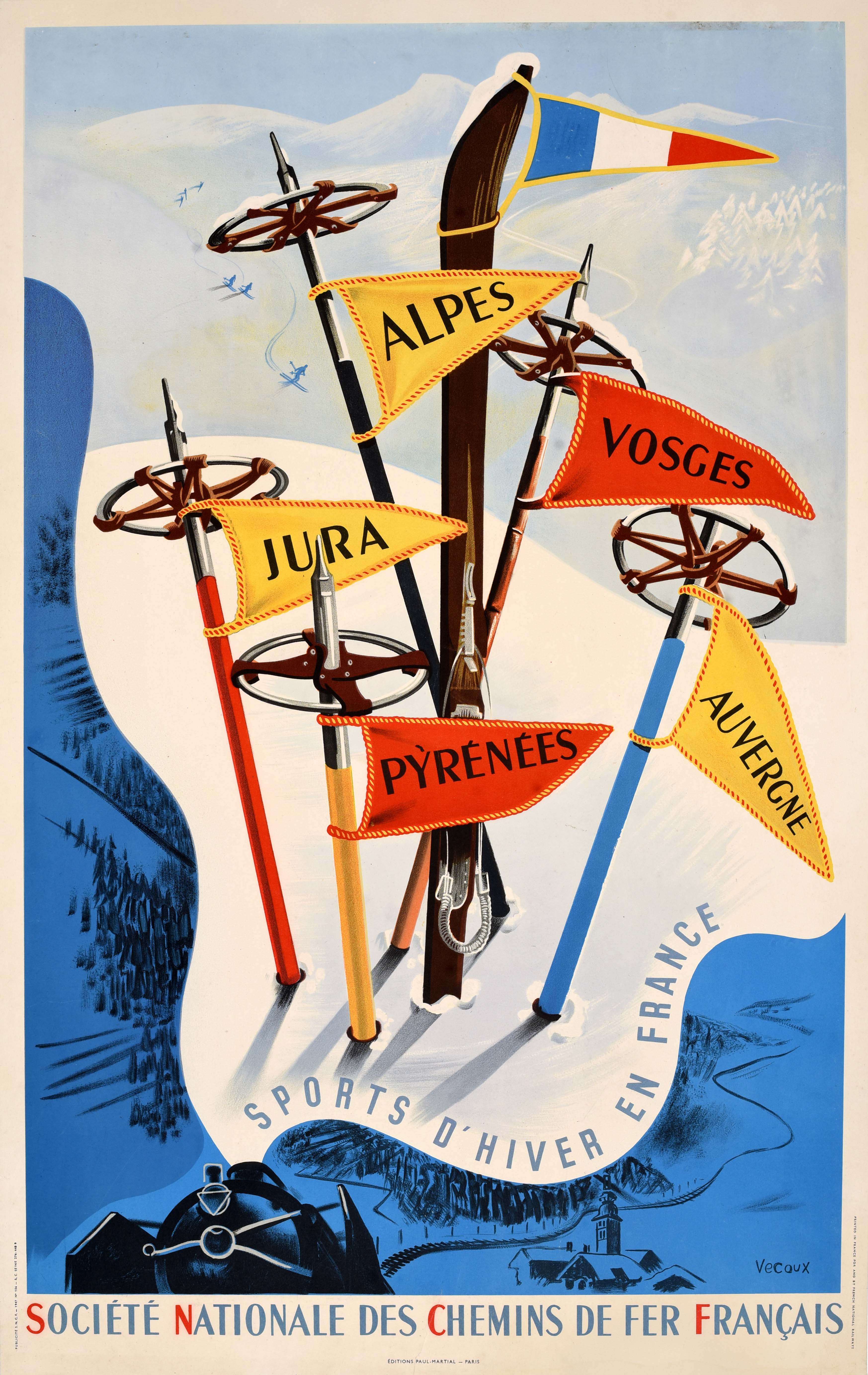 Poster originale d'epoca per il treno da sci Sport invernali in Francia SNCF Vecoux
