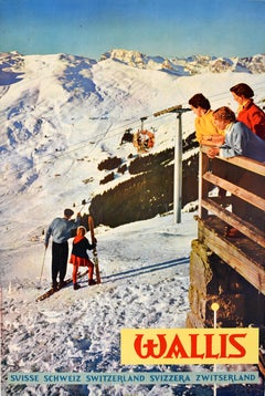 Original Vintage Skiing Travel Poster Wallis Valais Verbier Ski Switzerland