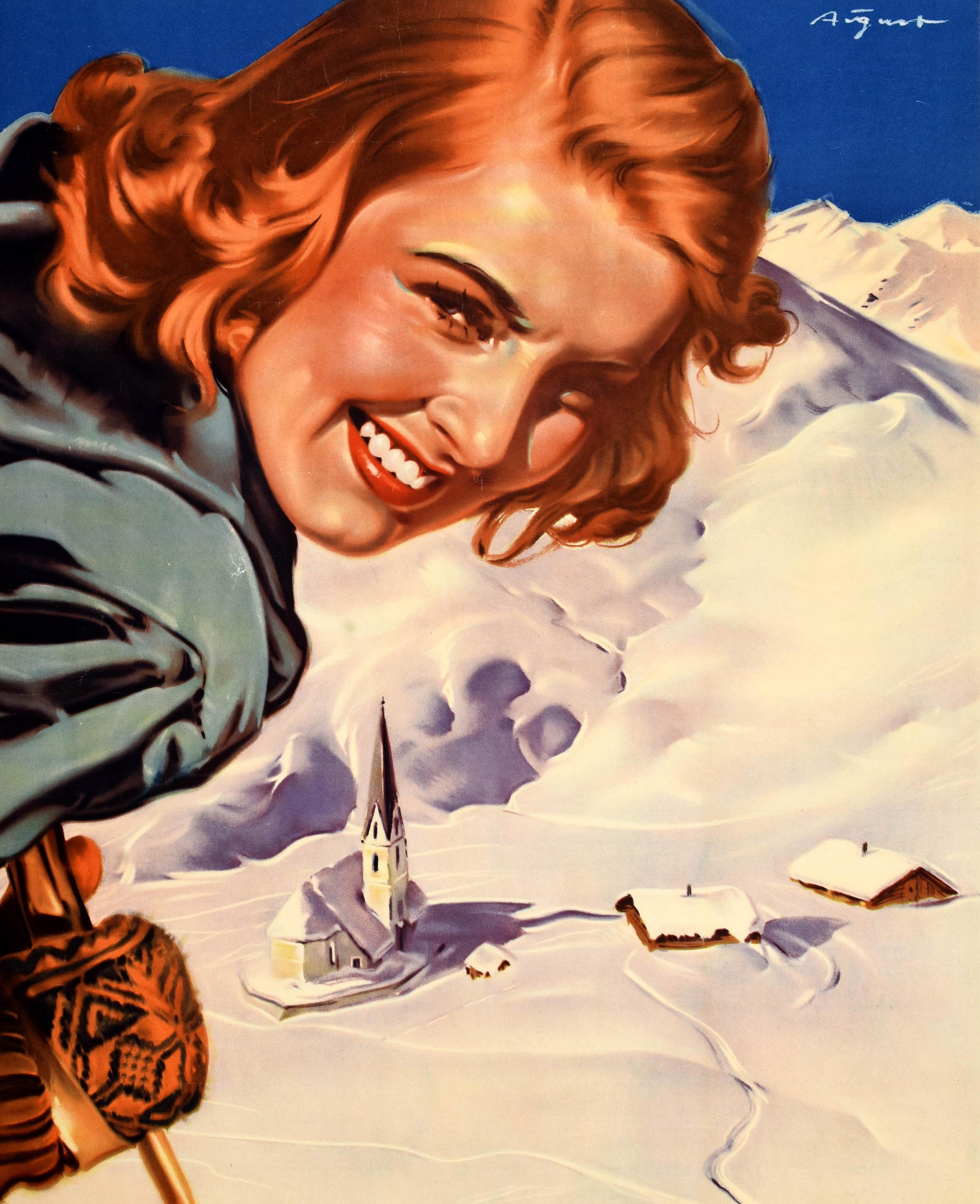 Original vintage skiing travel poster - Winter Sports in Austria - featuring artwork by Paul Aigner (1909-1984) depicting a young lady with brown hair wearing patterned wool mittens and leaning a ski pole smiling at the viewer with snow covered