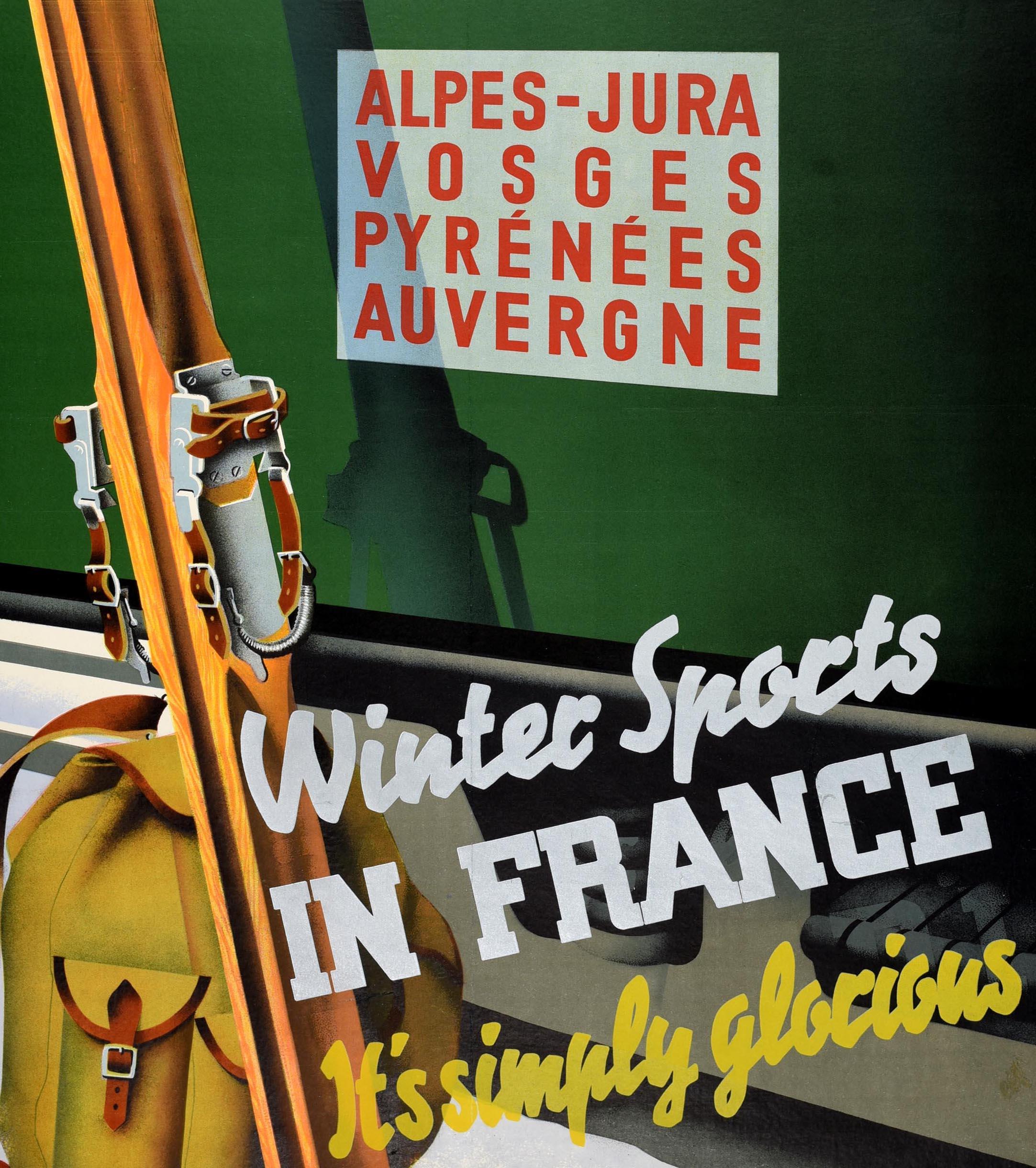 Original vintage skiing travel poster - Winter Sports in France It's Simply Glorious Alpes Jura Vosges Pyrenees Auvergne French Railways. Colourful artwork by Roland Hugon (b.1911) featuring a backpack and pair of wooden skis in the snow leaning