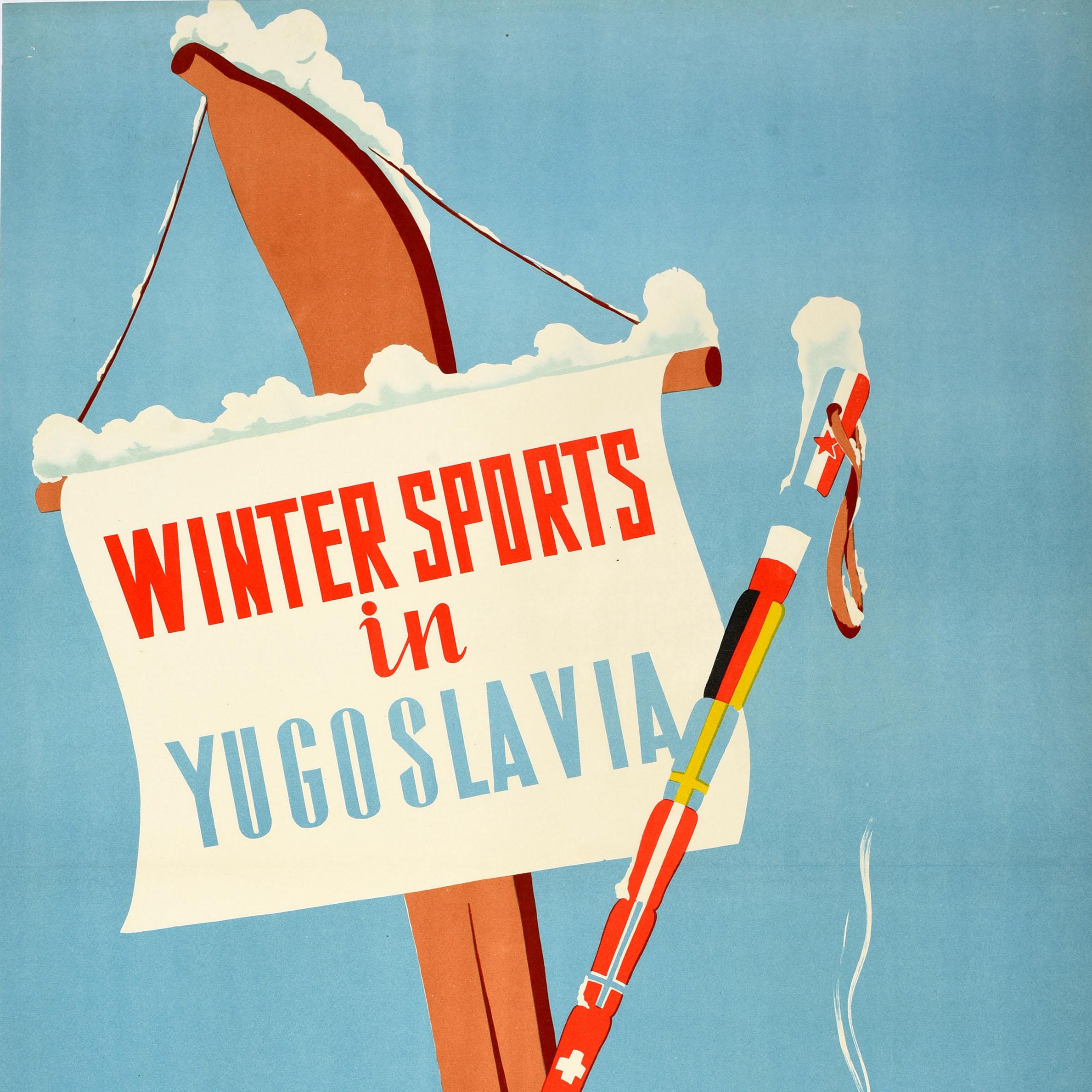 Macédonien Affiche vintage originale de voyage de ski, Sports d'hiver en Yougoslavie, Art du milieu du siècle dernier en vente