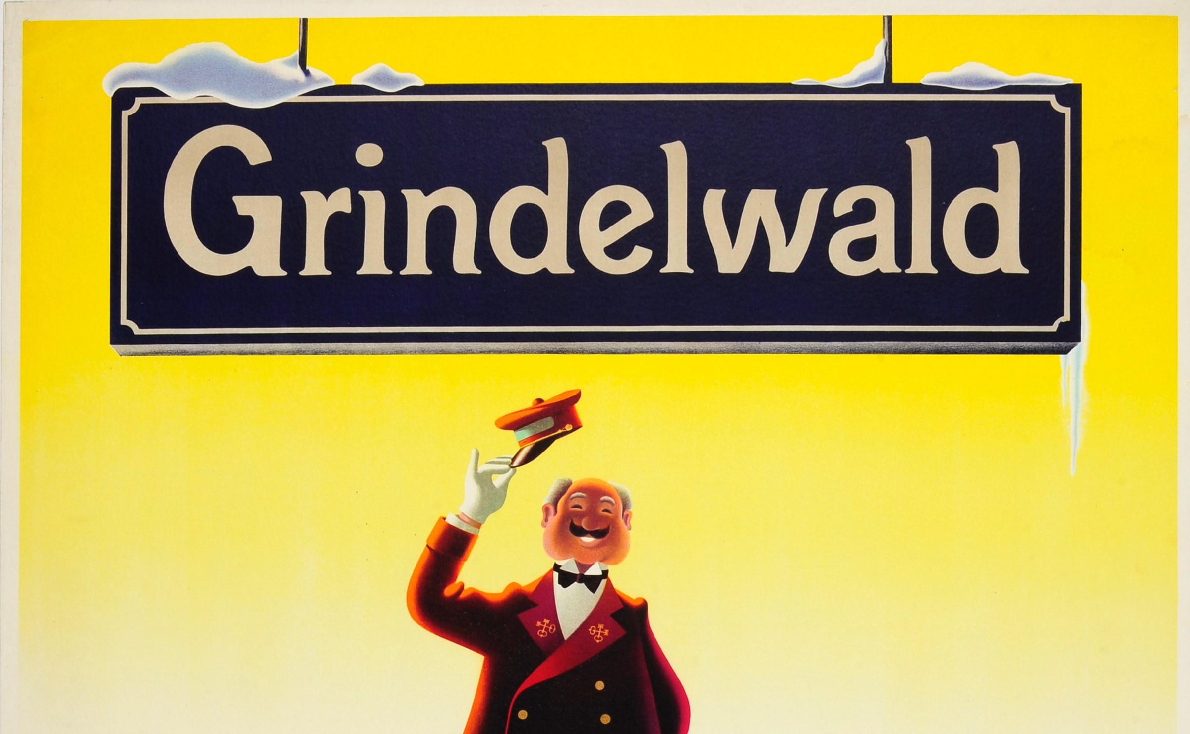 Original vintage winter sport poster for Grindelwald in Switzerland featuring a great illustration by the notable Swiss graphic designer Herbert Leupin (1916-1999) of a smiling concierge in uniform holding up his hat to welcome the viewer below a