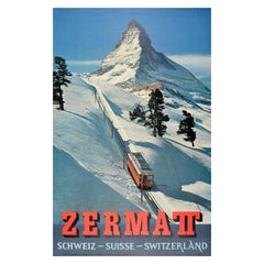 Original Vintage-Reiseplakat, Skifahren, Wintersport, Zermatt, Schweiz, Valais