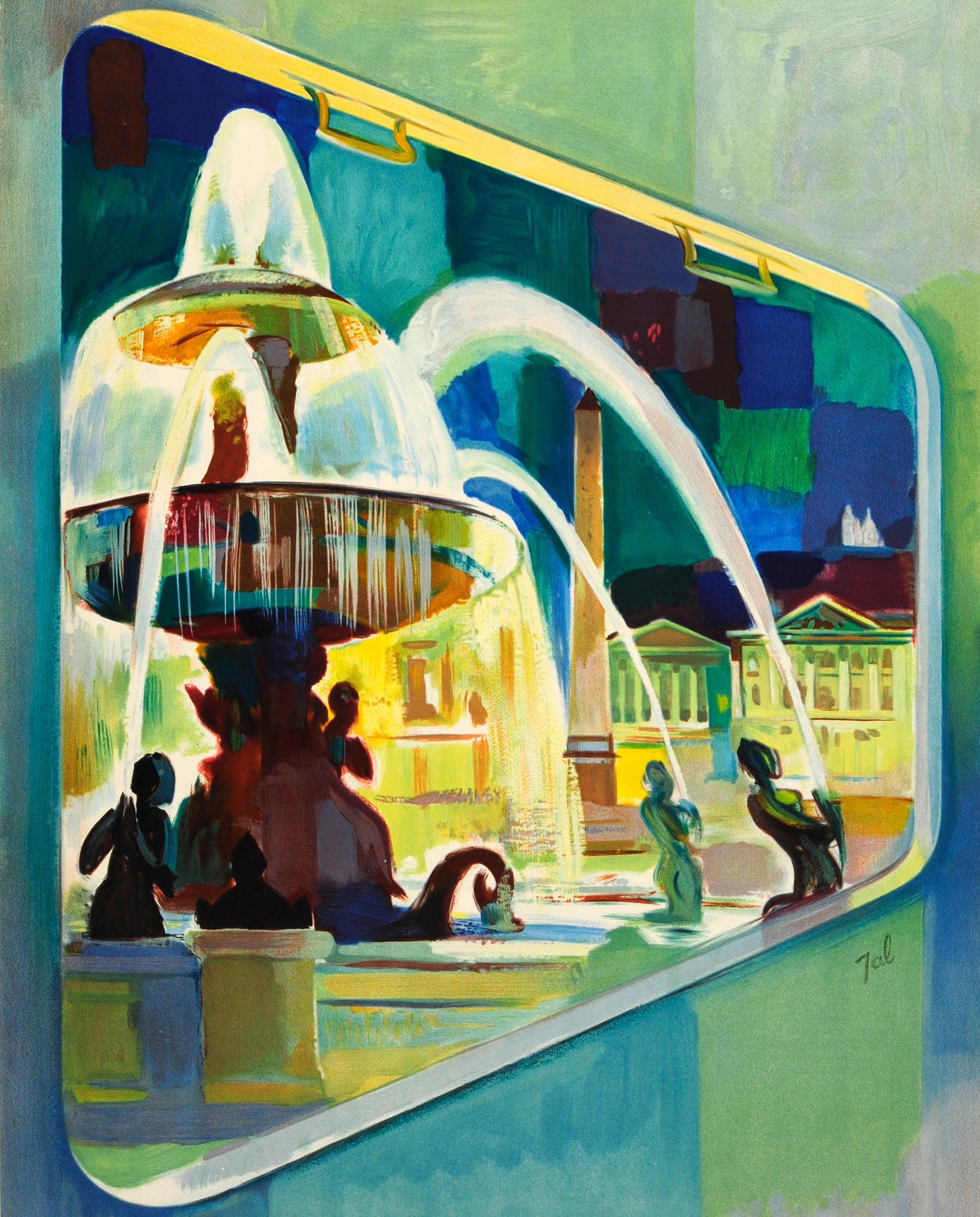 Affiche publicitaire originale de voyage d'époque : Visitez la France Paris avec les trains et les autocars de la SNCF. Superbe image représentant une vue nocturne de la fontaine et de l'obélisque égyptien de la place de la Concorde, vus depuis la