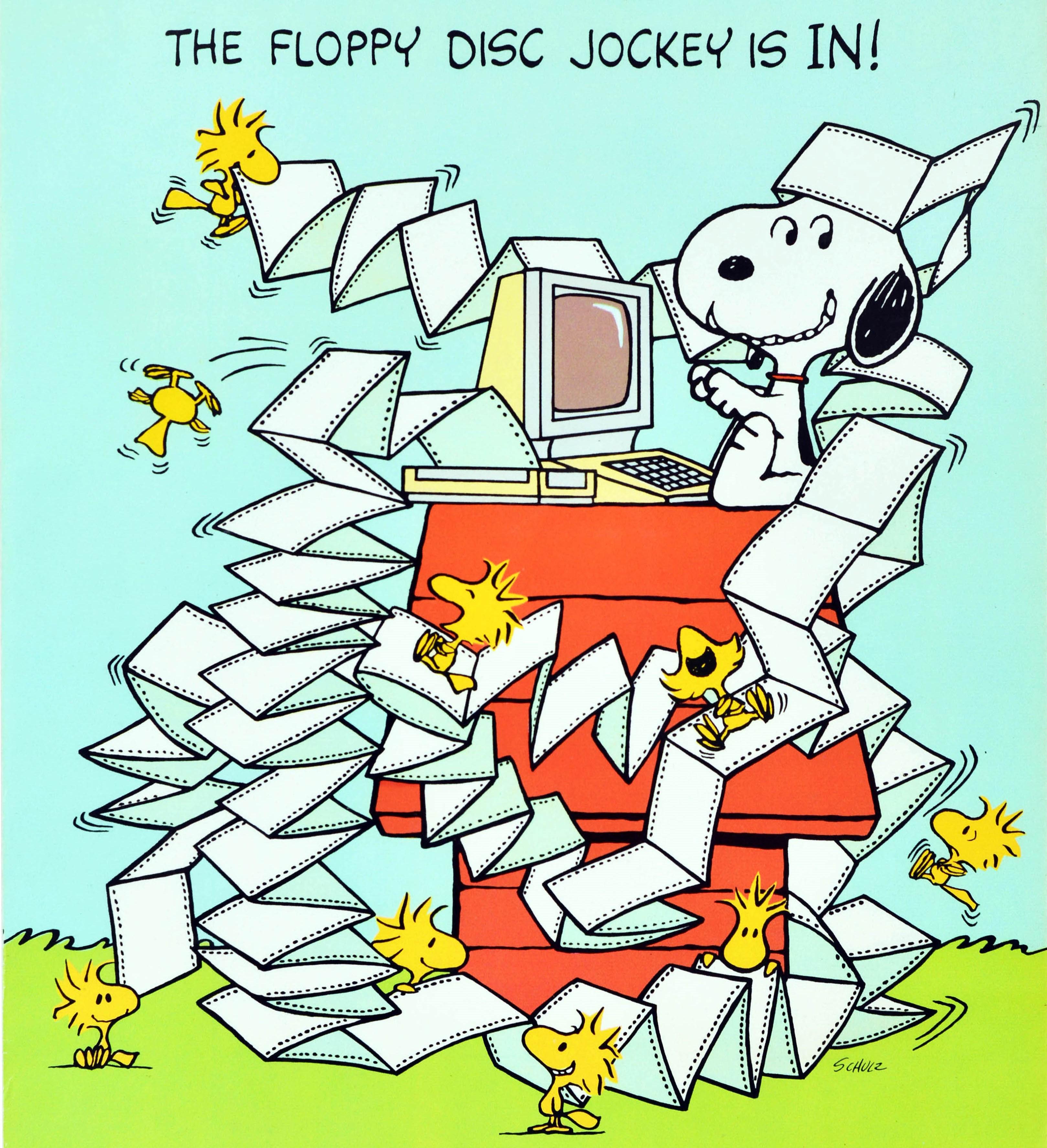 Poster originale d'epoca di Snoopy Il disc jockey floppy è arrivato! Computer Woodstock In condizioni buone a London, GB