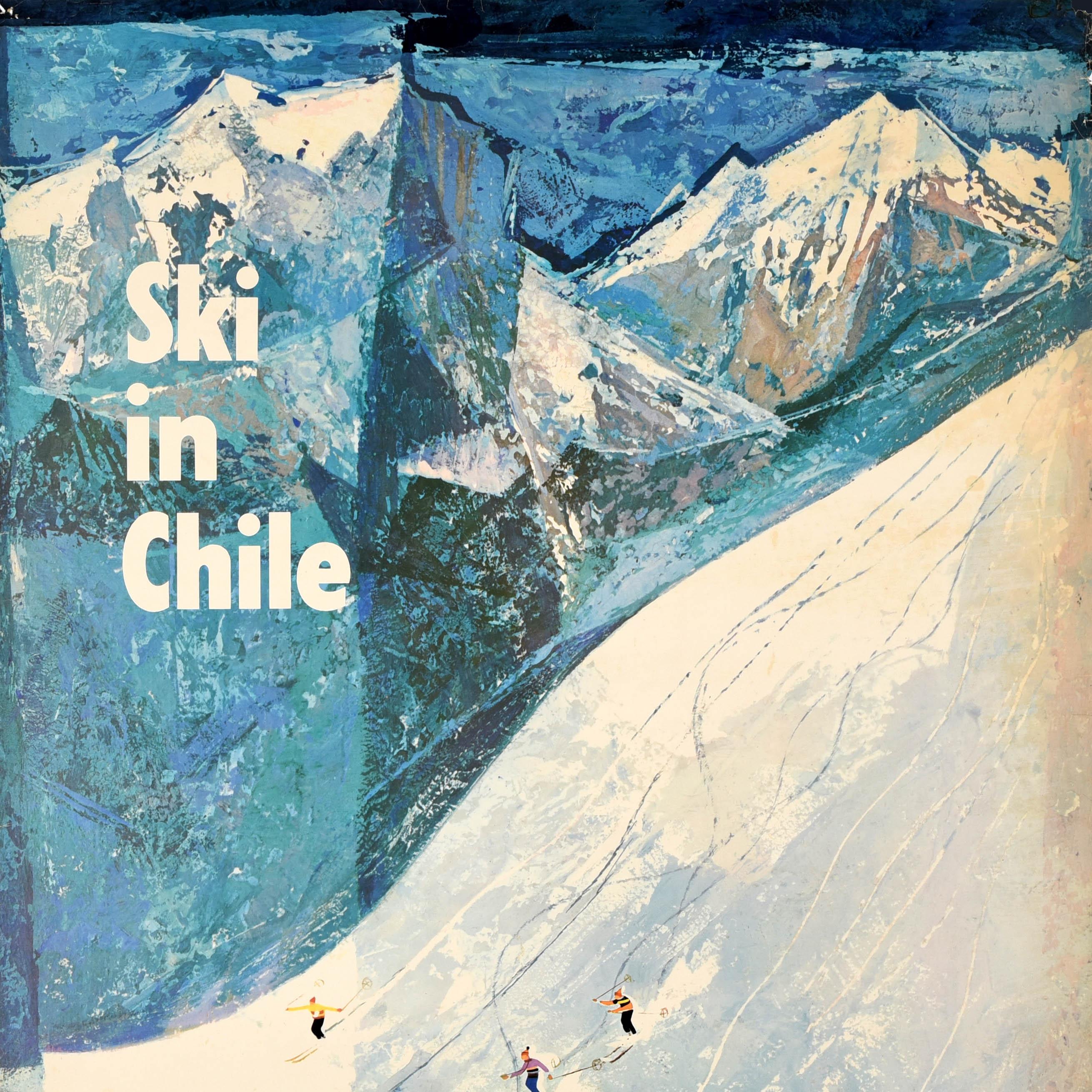 Mid-Century moderno Poster di viaggio originale d'epoca per lo sci e gli sport invernali in Sud America Panagra Cile in vendita
