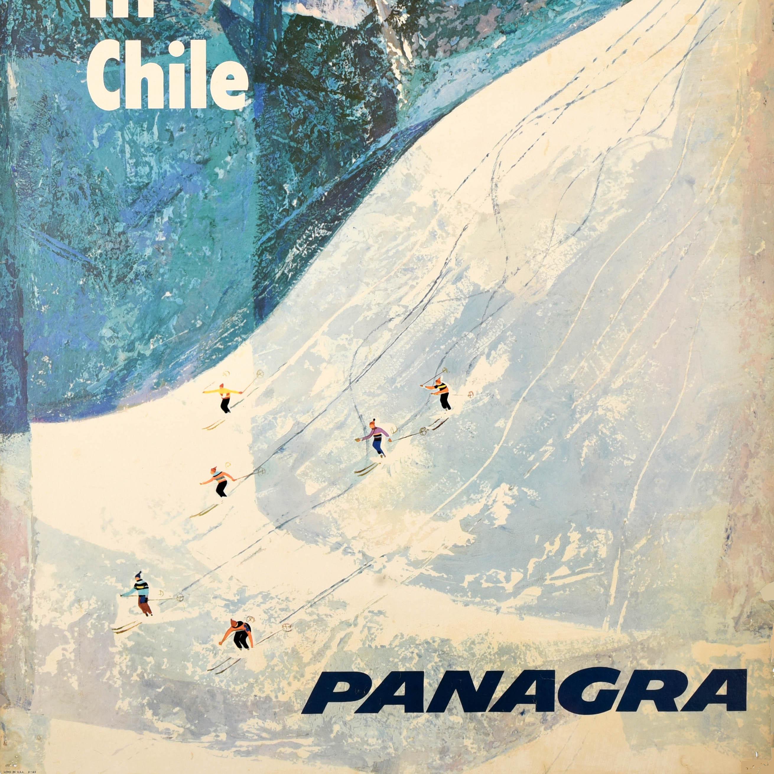 Cileno Poster di viaggio originale d'epoca per lo sci e gli sport invernali in Sud America Panagra Cile in vendita