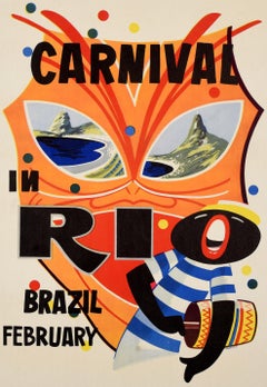 Original Vintage South America Travel Poster Carnival In Rio Brazil Mask