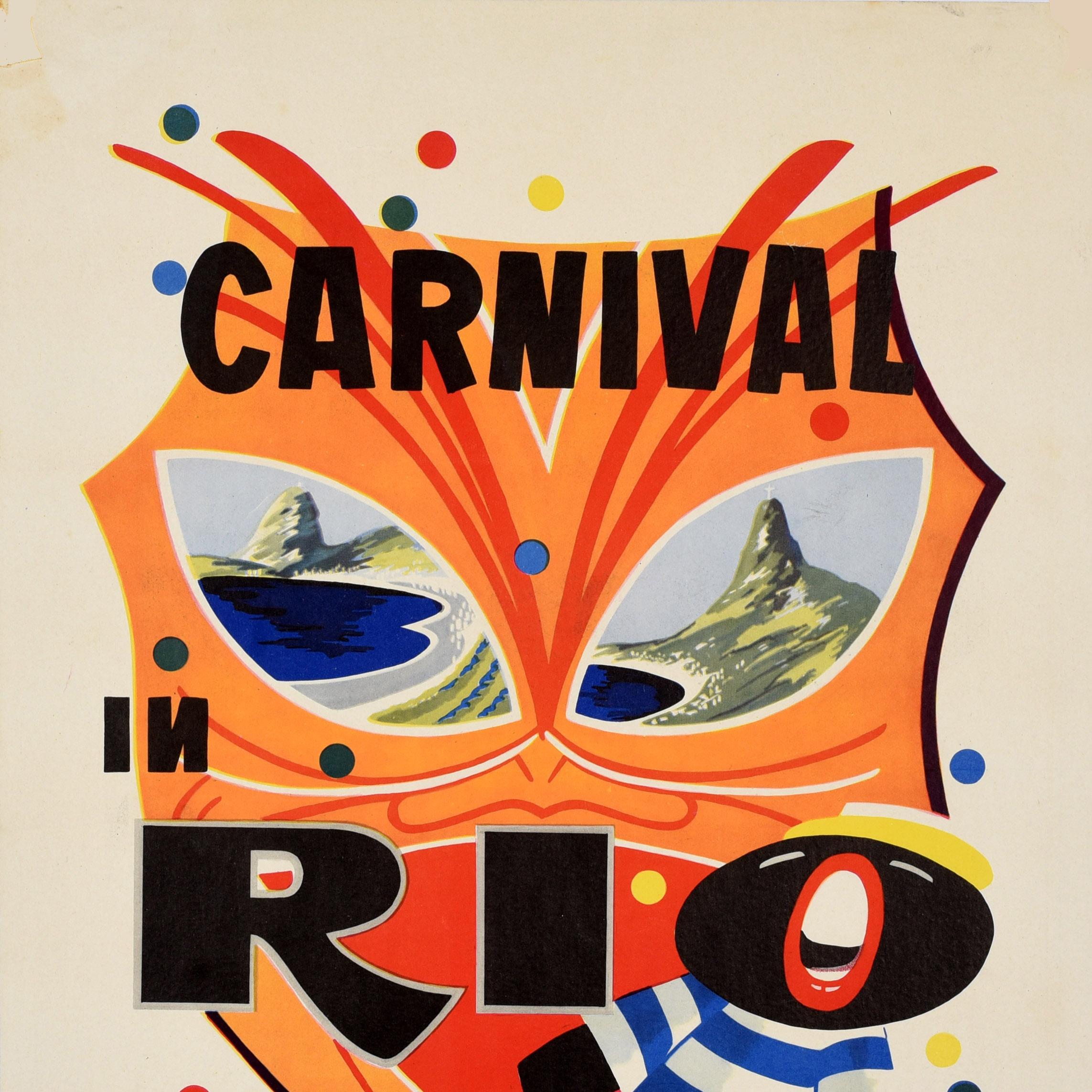 Brasiliano Poster di viaggio originale d'epoca del Sud America Carnevale a Rio Brasile Maschera in vendita