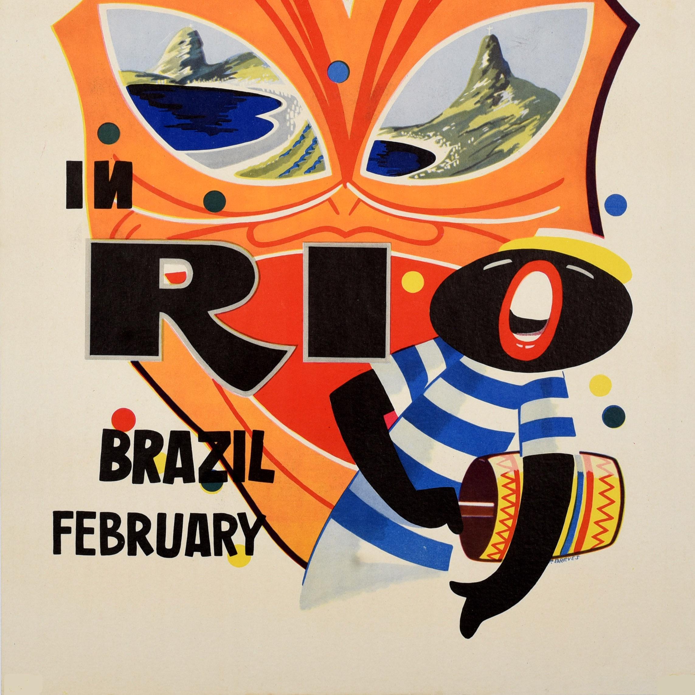 Poster di viaggio originale d'epoca del Sud America Carnevale a Rio Brasile Maschera In condizioni buone in vendita a London, GB