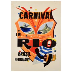 Poster di viaggio originale d'epoca del Sud America Carnevale a Rio Brasile Maschera