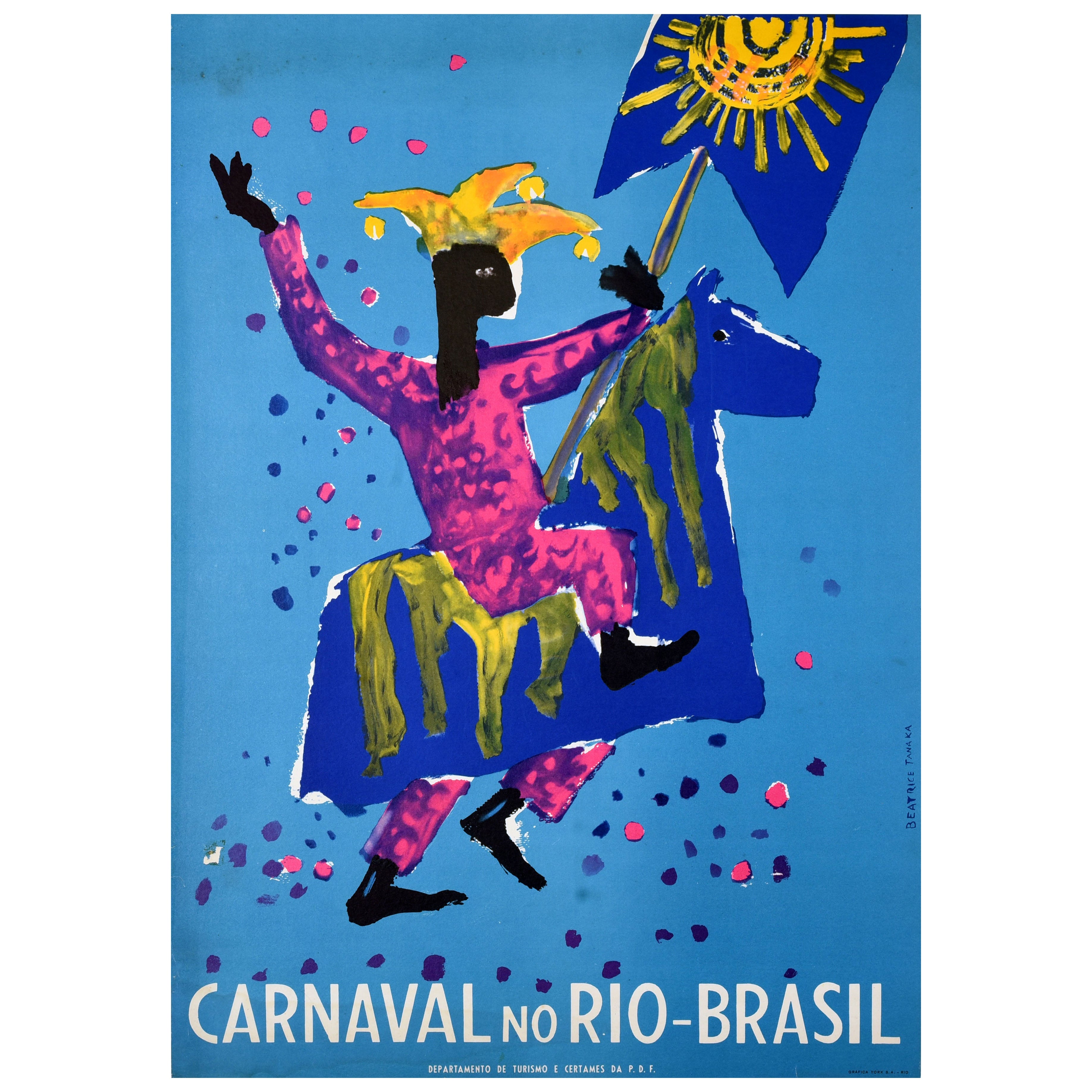 Poster di viaggio originale d'epoca del Sud America Carnevale Rio Brasile Cavallo Tanaka