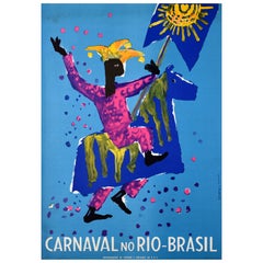 Poster di viaggio originale d'epoca del Sud America Carnevale Rio Brasile Cavallo Tanaka
