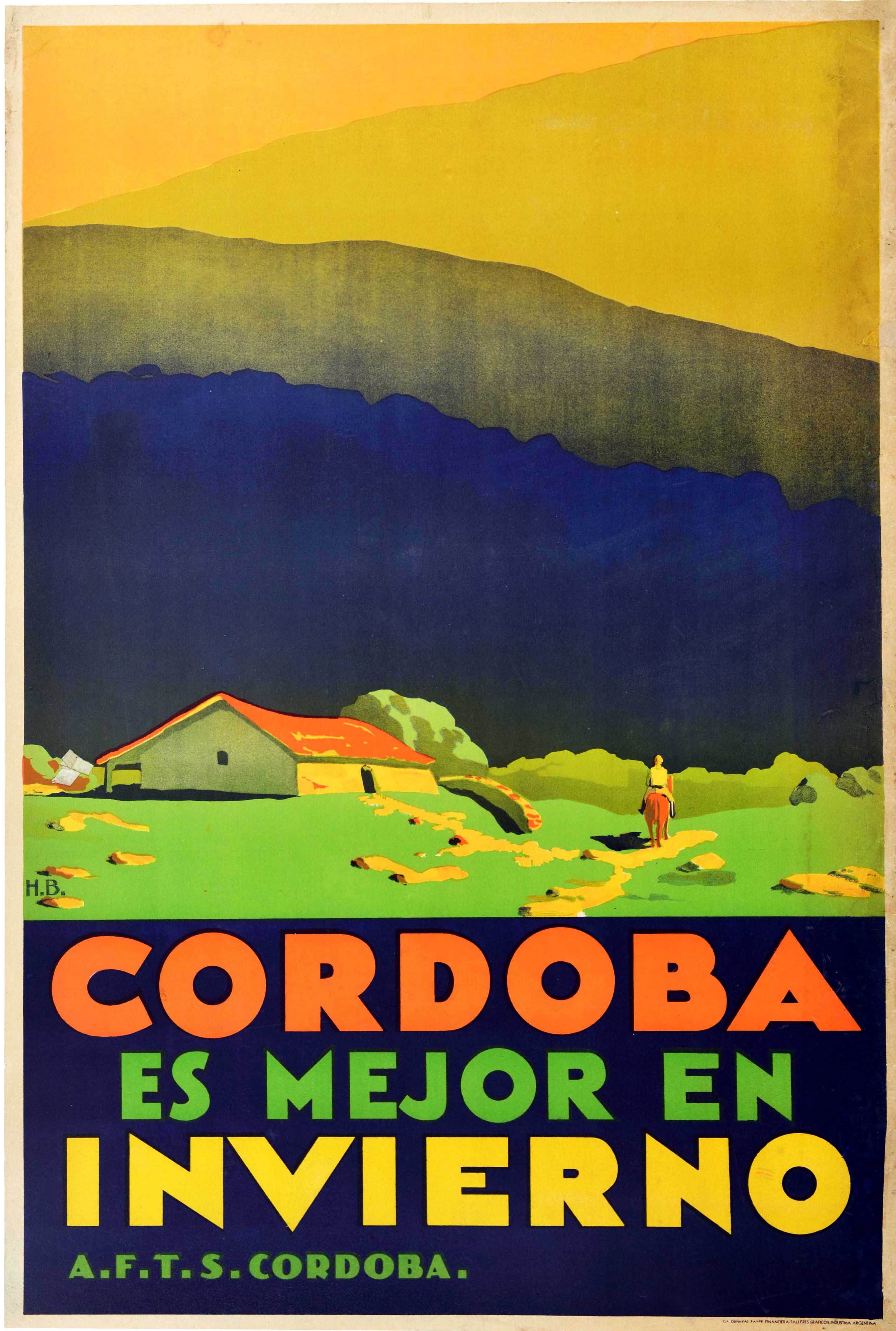 Poster di viaggio originale d'epoca per il Sud America Cordoba Argentina Sierras Chicas