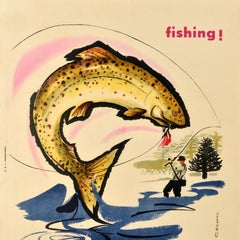 Original Vintage South America Travel Poster Fly Fishing Argentina Fisherman