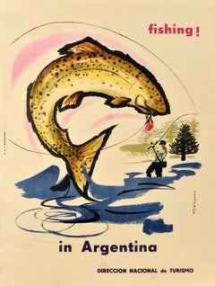 Original Vintage South America Travel Poster Fly Fishing Argentina Fisherman