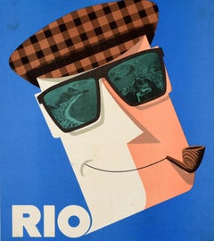 Original Vintage South America Travel Poster Rio Brazil Pipe Sunglasses Fagundes