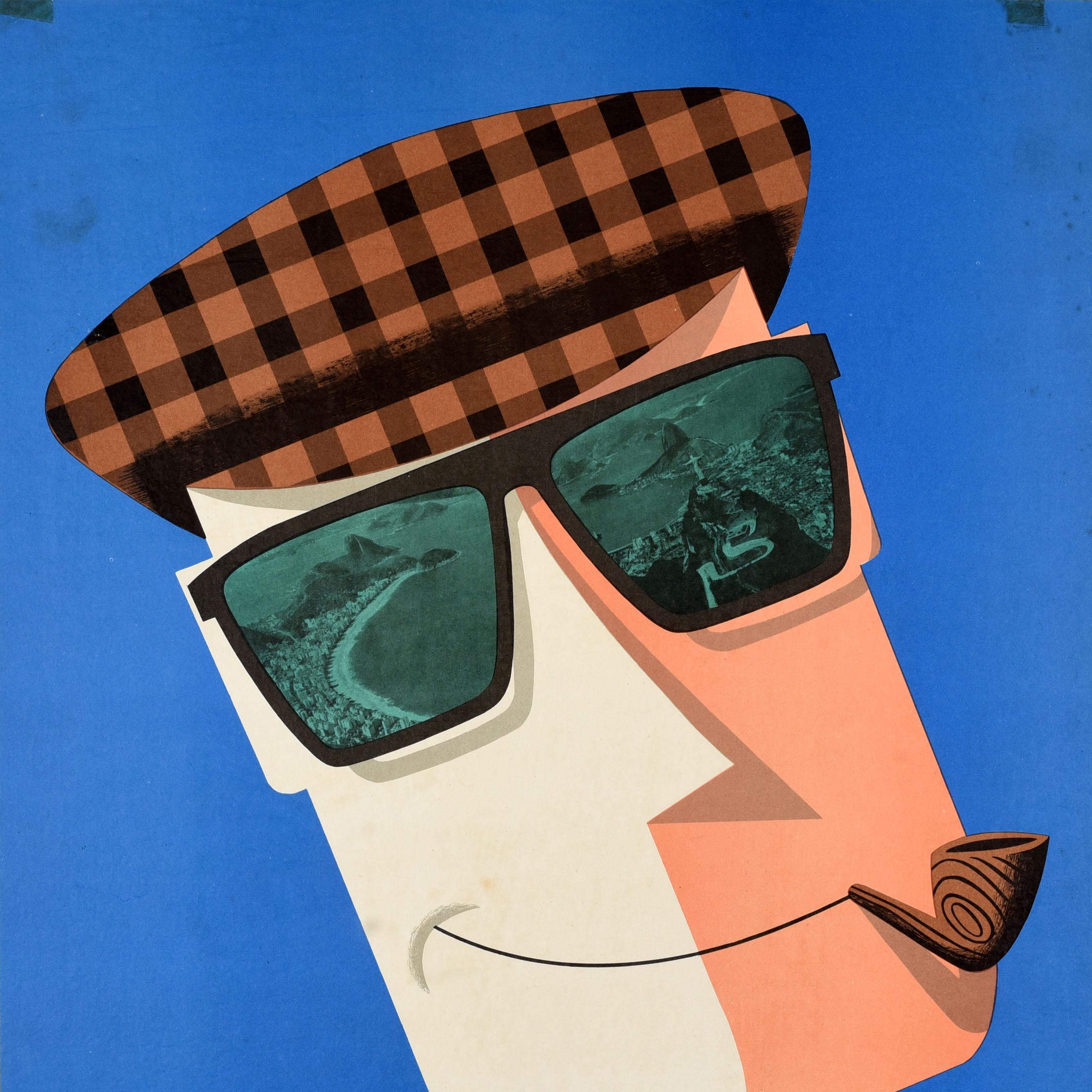 Brasiliano Poster di viaggio originale d'epoca per il Sud America Rio Brasile Occhiali da sole a pipa Fagundes in vendita