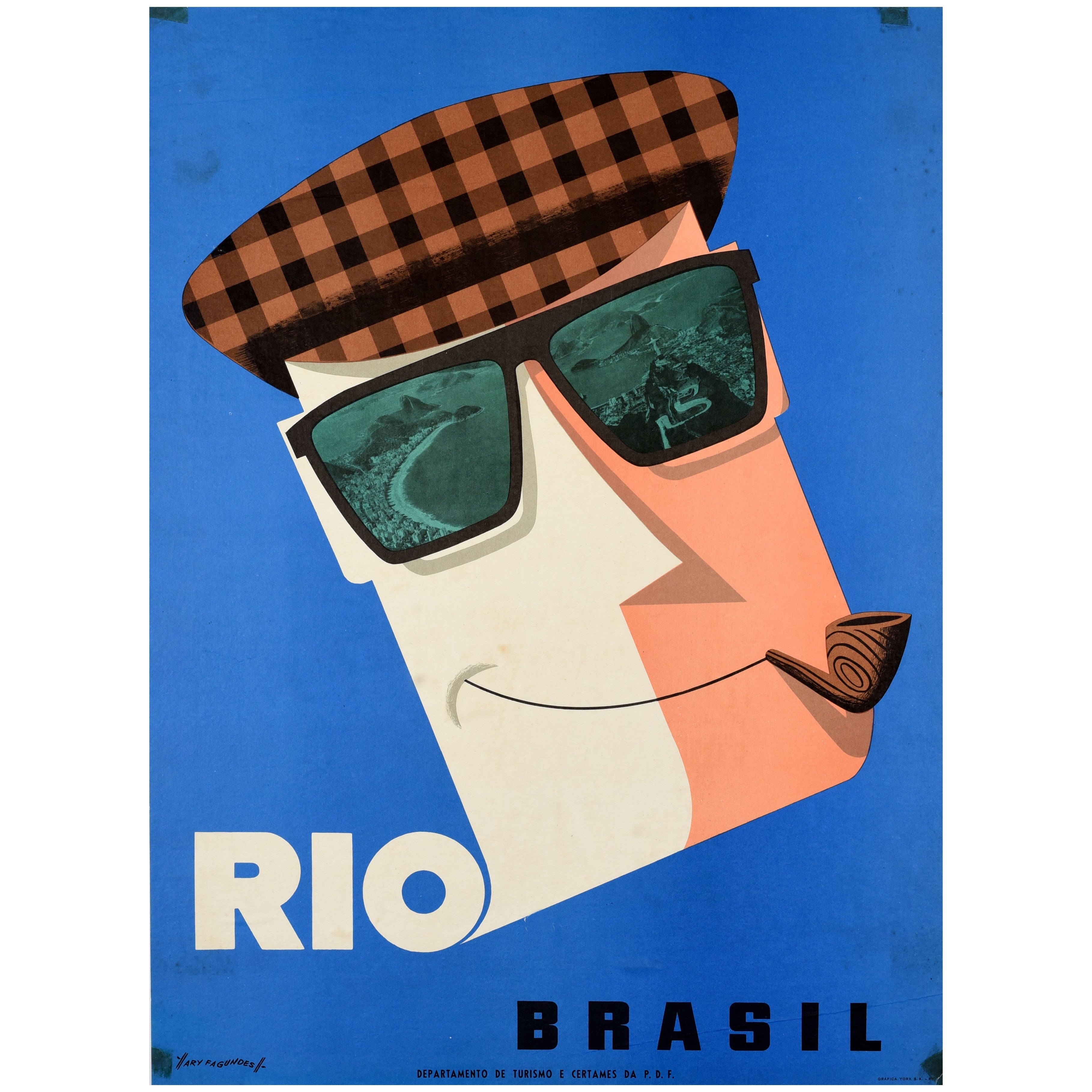 Original Vintage Südamerika Reiseplakat Rio Brasilien Pfeife Sonnenbrille Fagundes