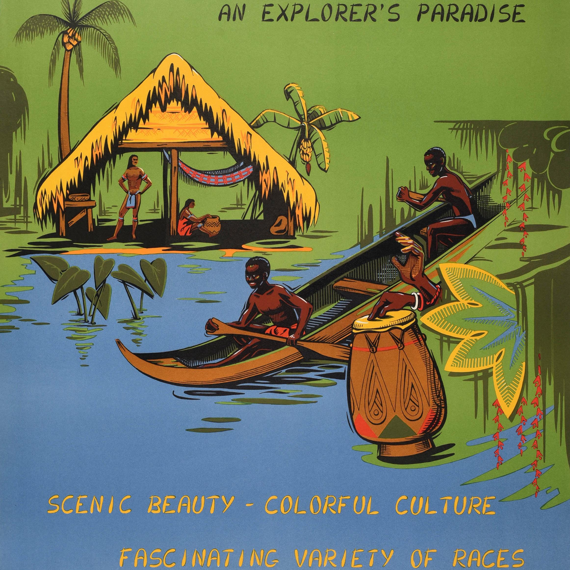 Original vintage South America travel poster - Surinam An Explorer's Paradise Scenic Beauty Colourful Culture Fascinating Variety of Races - showing two people rowing in a canoe on a blue river with a pair of hands playing drums in the green
