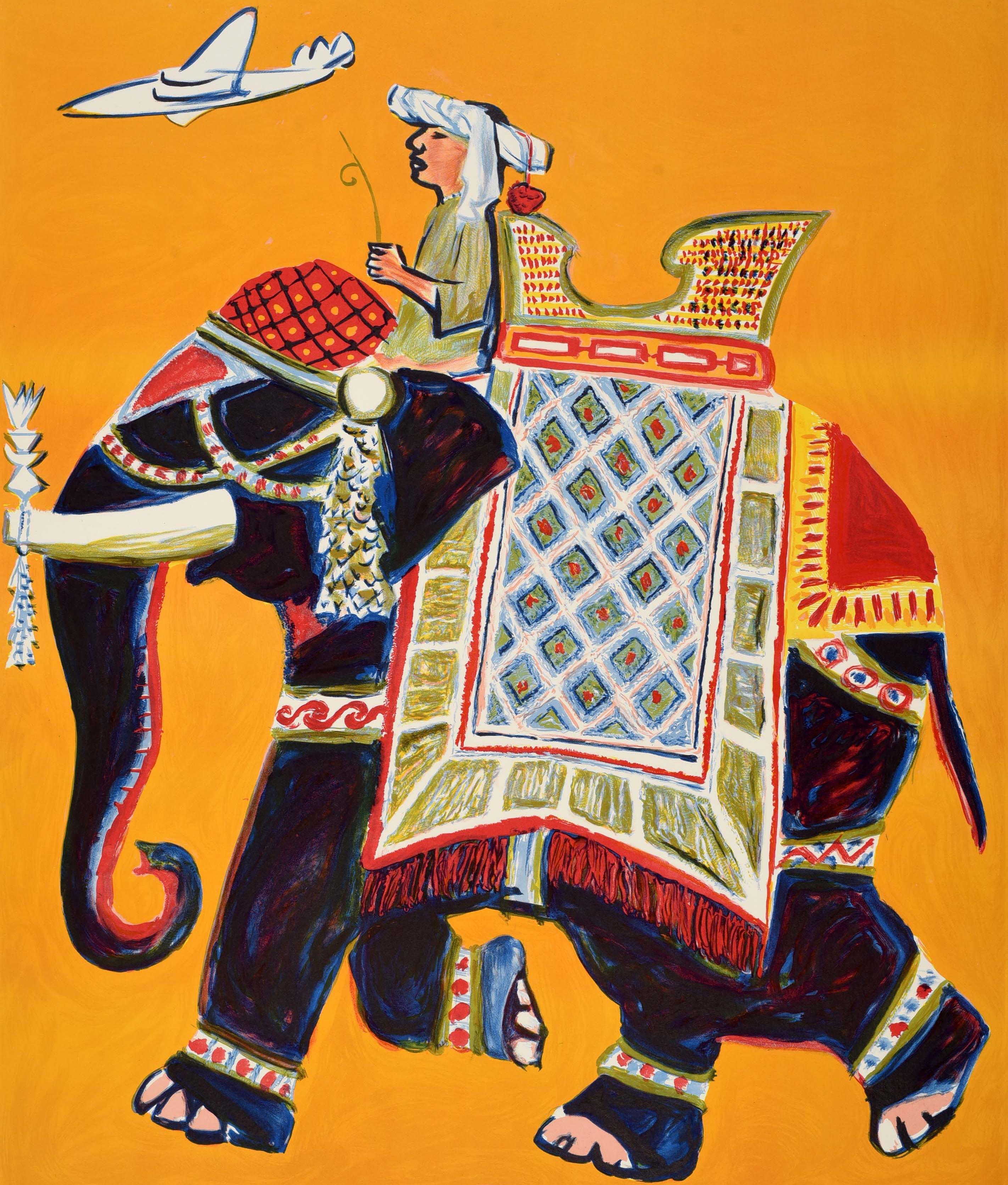 Affiche de voyage originale pour l'Asie émise par Air Ceylon - Fly the Sapphire Service to Ceylon - représentant un homme sur un éléphant décoré de tissus colorés avec un siège sur son dos sur un fond jaune, un avion volant sous le texte du titre en
