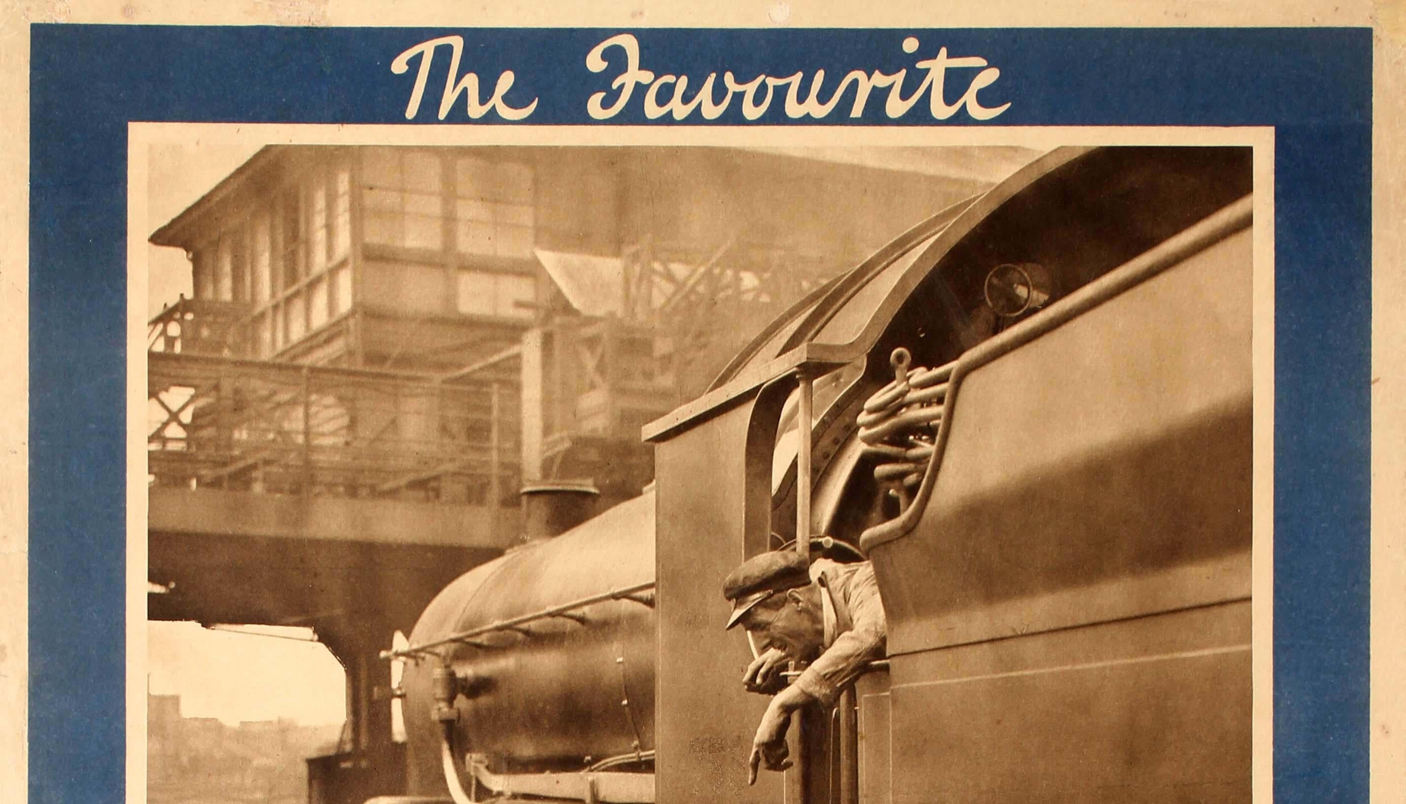 Original vintage train travel advertising poster promoting Southern Railway featuring a fantastic framed design showing a black and white photograph of a smiling young girl standing on a platform and holding a small suitcase, looking up at a train