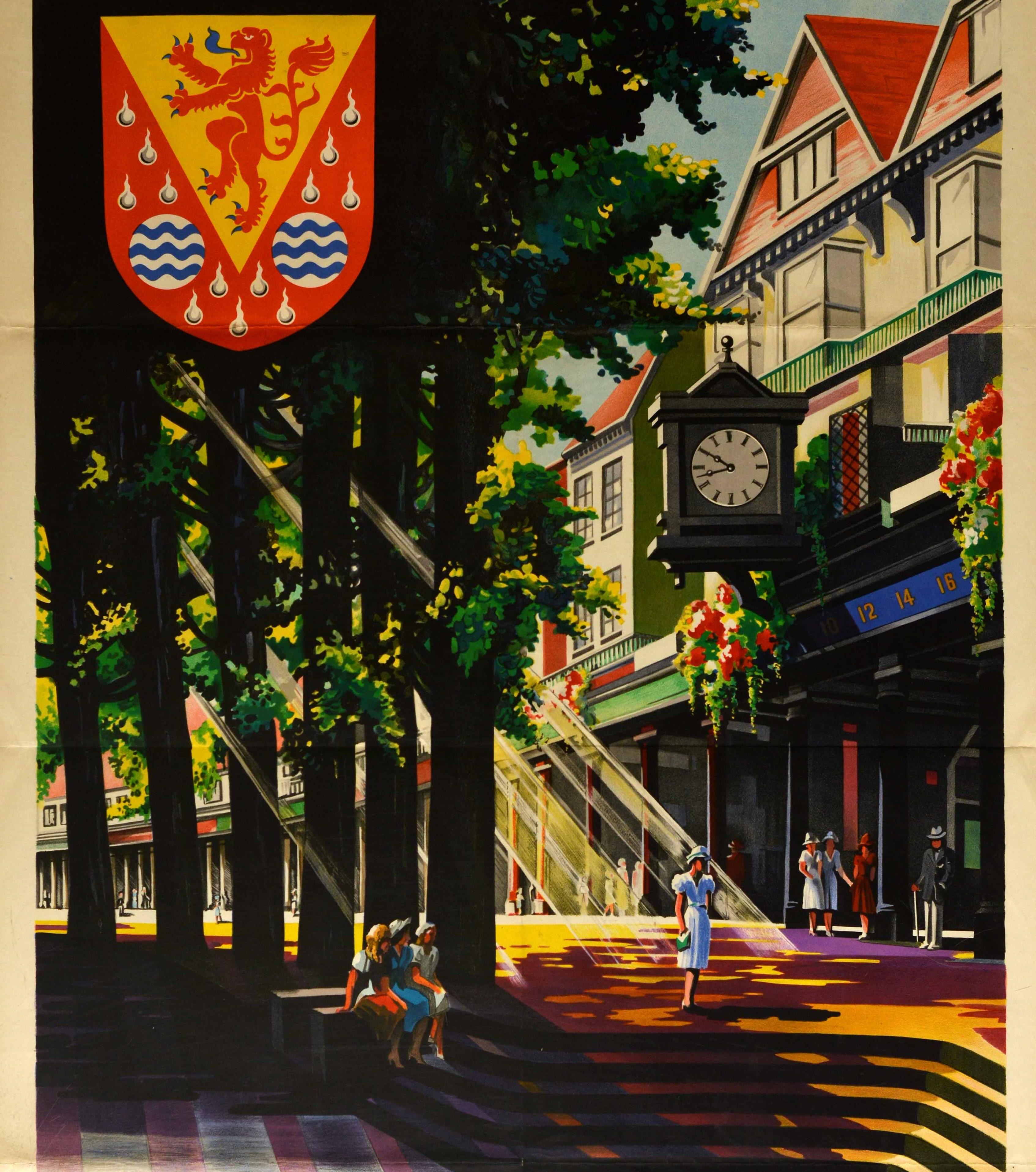 Original vintage Southern Railway poster for Royal Tunbridge Wells in Kent featuring colorful artwork by Charles Shepard (1844-1924; 'Shep') showing a scenic view of the Tunbridge Wells High Street with sunlight shining through the tall trees to
