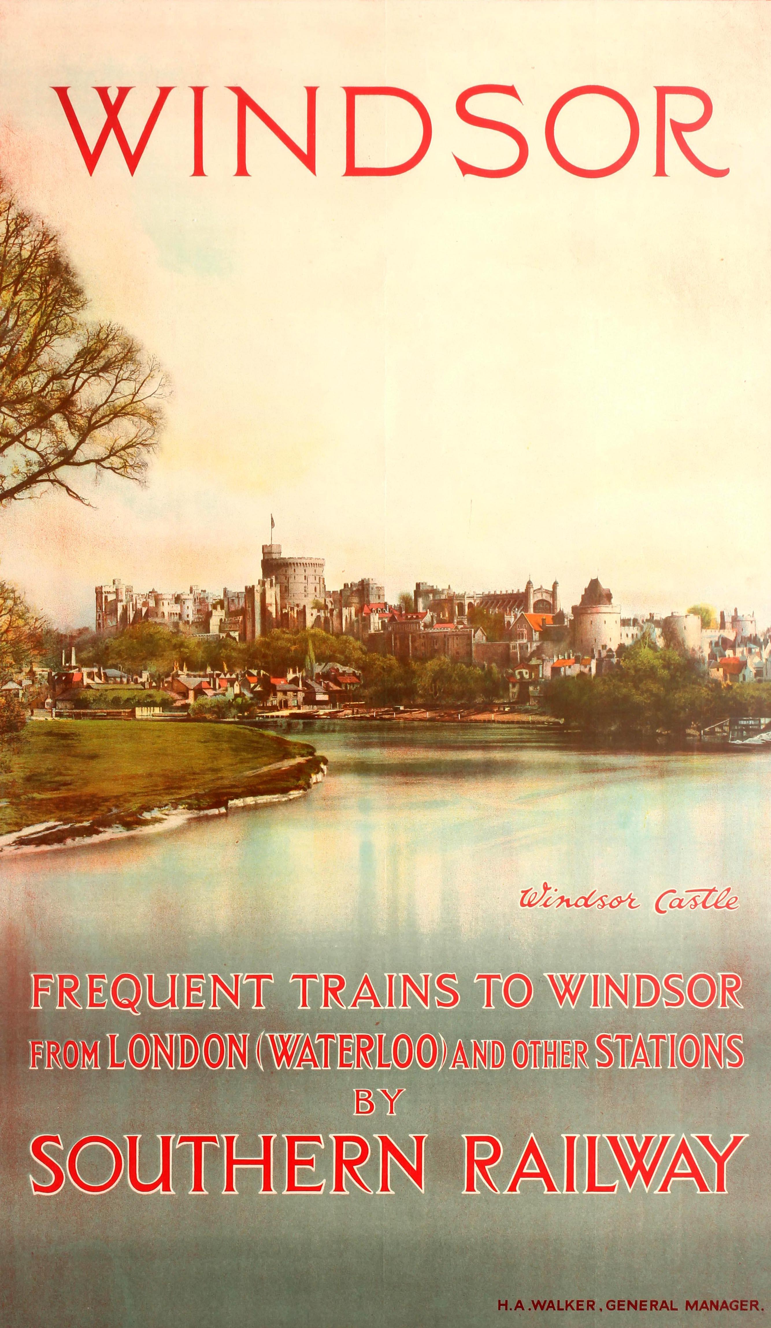 Original vintage travel advertising poster for Windsor Castle – Frequent Trains to Windsor from London (Waterloo) and other stations by Southern Railway. Great image featuring a colour photograph of Windsor Castle and the historical town of Windsor