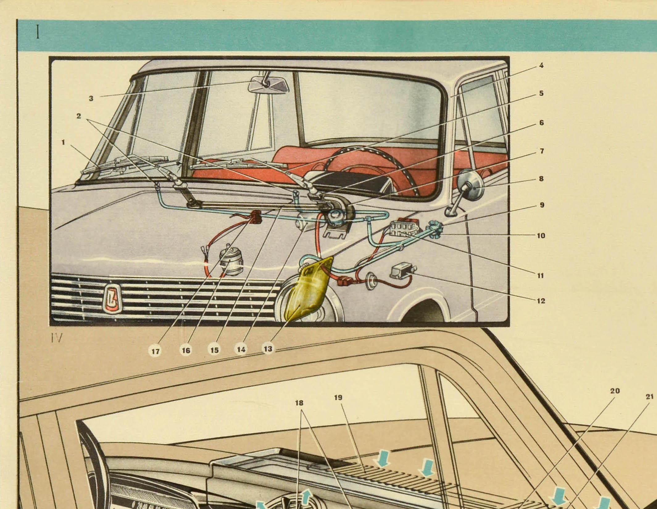 Cartel publicitario original de coches de época para Lada que muestra el motor en tres imágenes técnicas, el texto debajo - v/o Avtoexport SSSR Moskva / Autoexport USSR Moscow. Fabricado por AvtoVAZ como coche asequible, la marca rusa Лада / Lada se