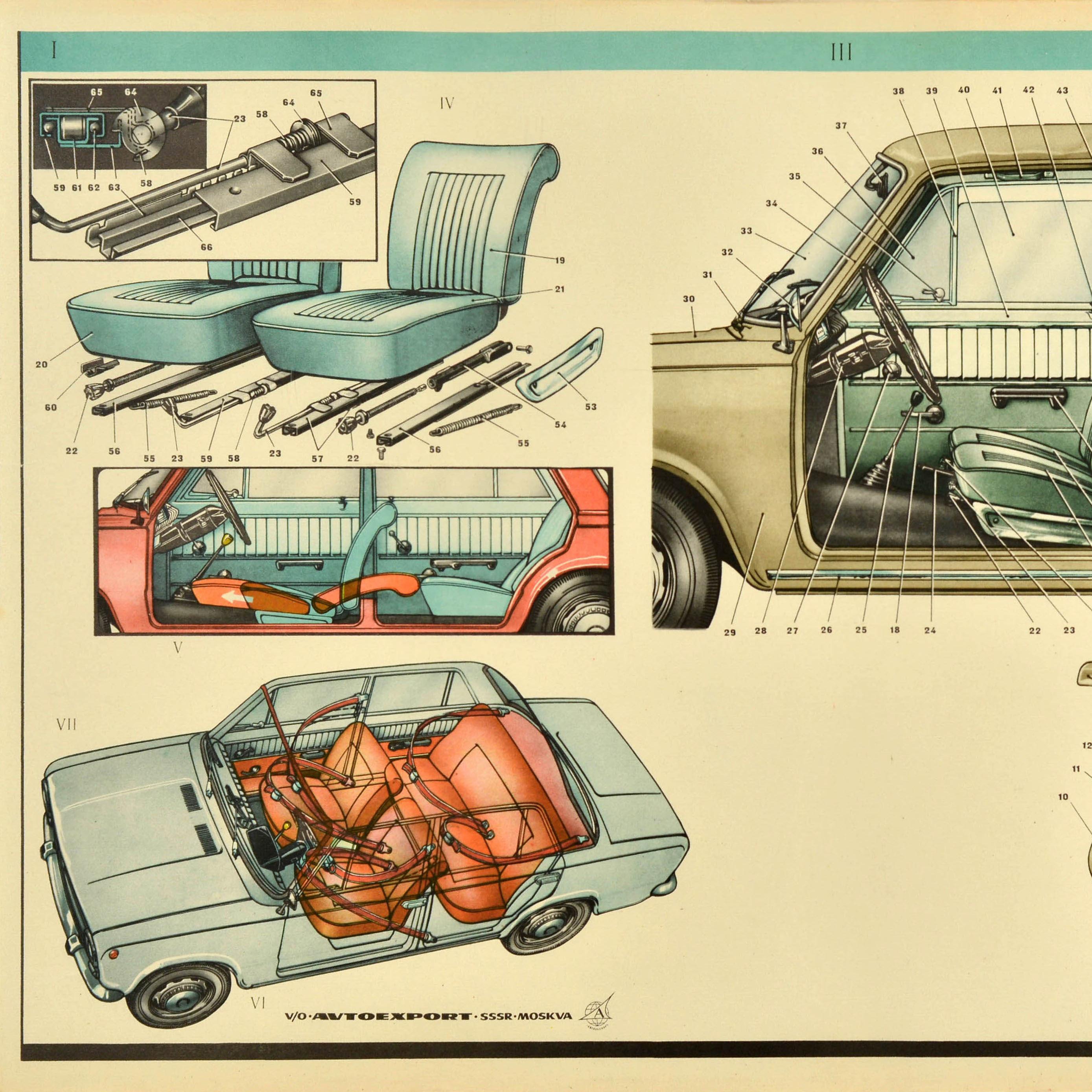 Original Oldtimer-Werbeplakat für Lada, das das Innere des Fahrzeugs zeigt, mit kleineren Abbildungen des Kofferraums und der Sitze, die die Mechanismen und Sicherheitsgurte detailliert darstellen, darunter der Text - v/o Avtoexport SSSR Moskva /