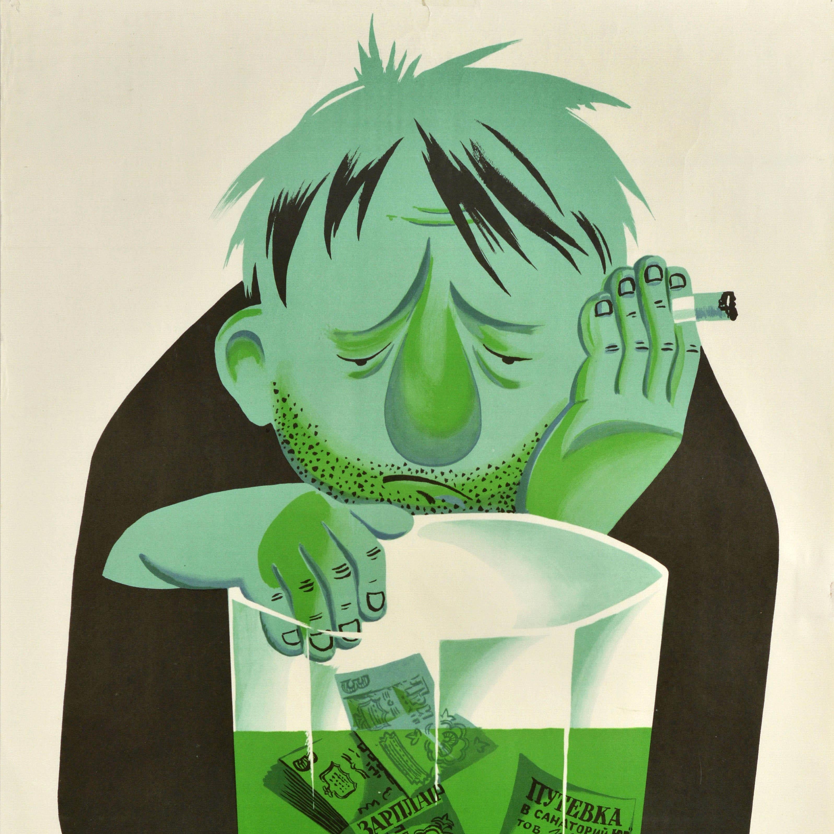Russo Originale poster sovietico d'epoca contro l'alcool, bicchiere di vetro per shottini Prezzo URSS in vendita