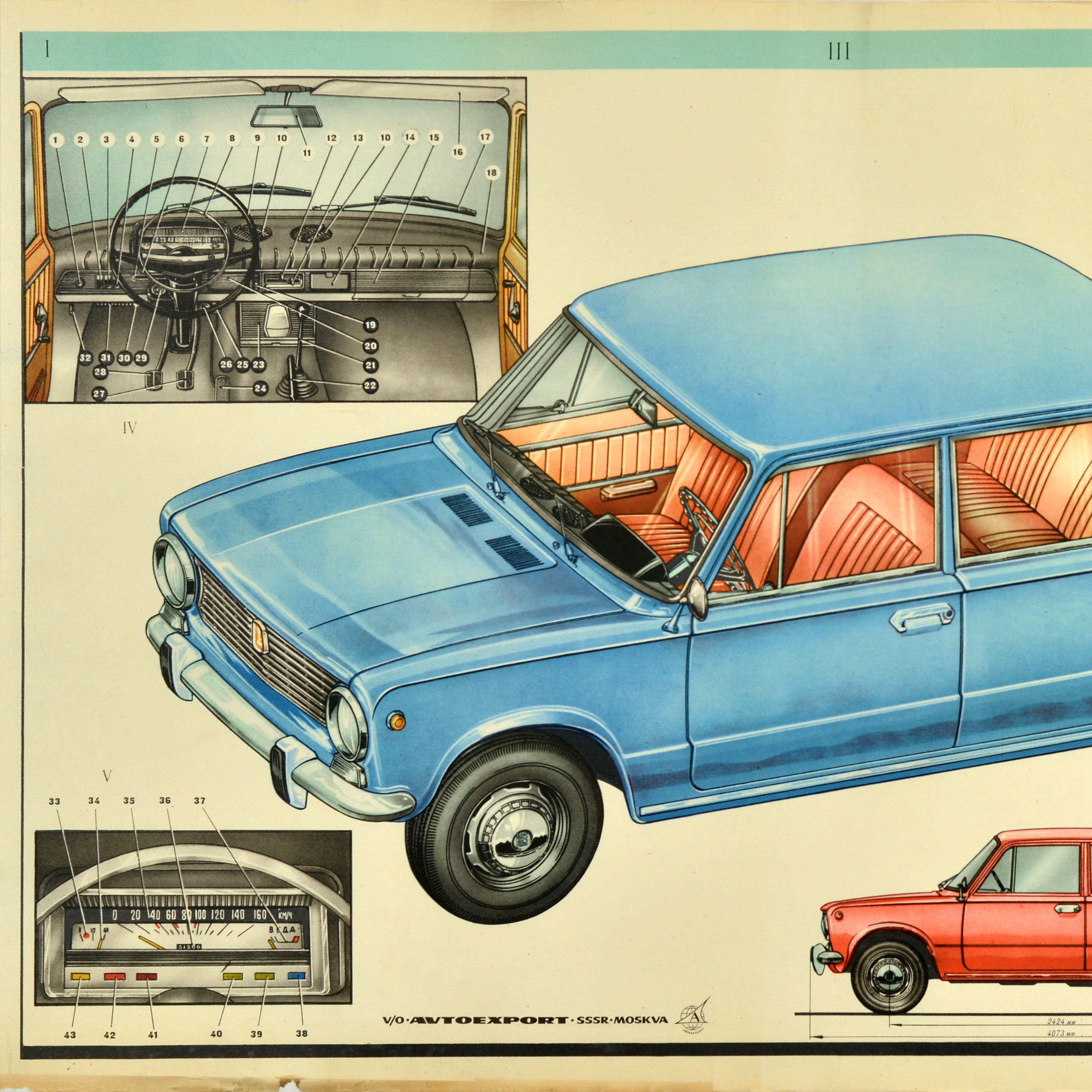 Original vintage car advertising poster for Lada showing the exterior and the interior of the vehicle with smaller images of the dashboard and panel board as well as the dimensions of the car from the front and side, the text below - v/o Avtoexport