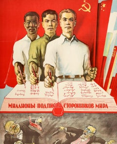 Original Vintage Soviet Cold War Propaganda Poster Peace Victory Solidarity USSR