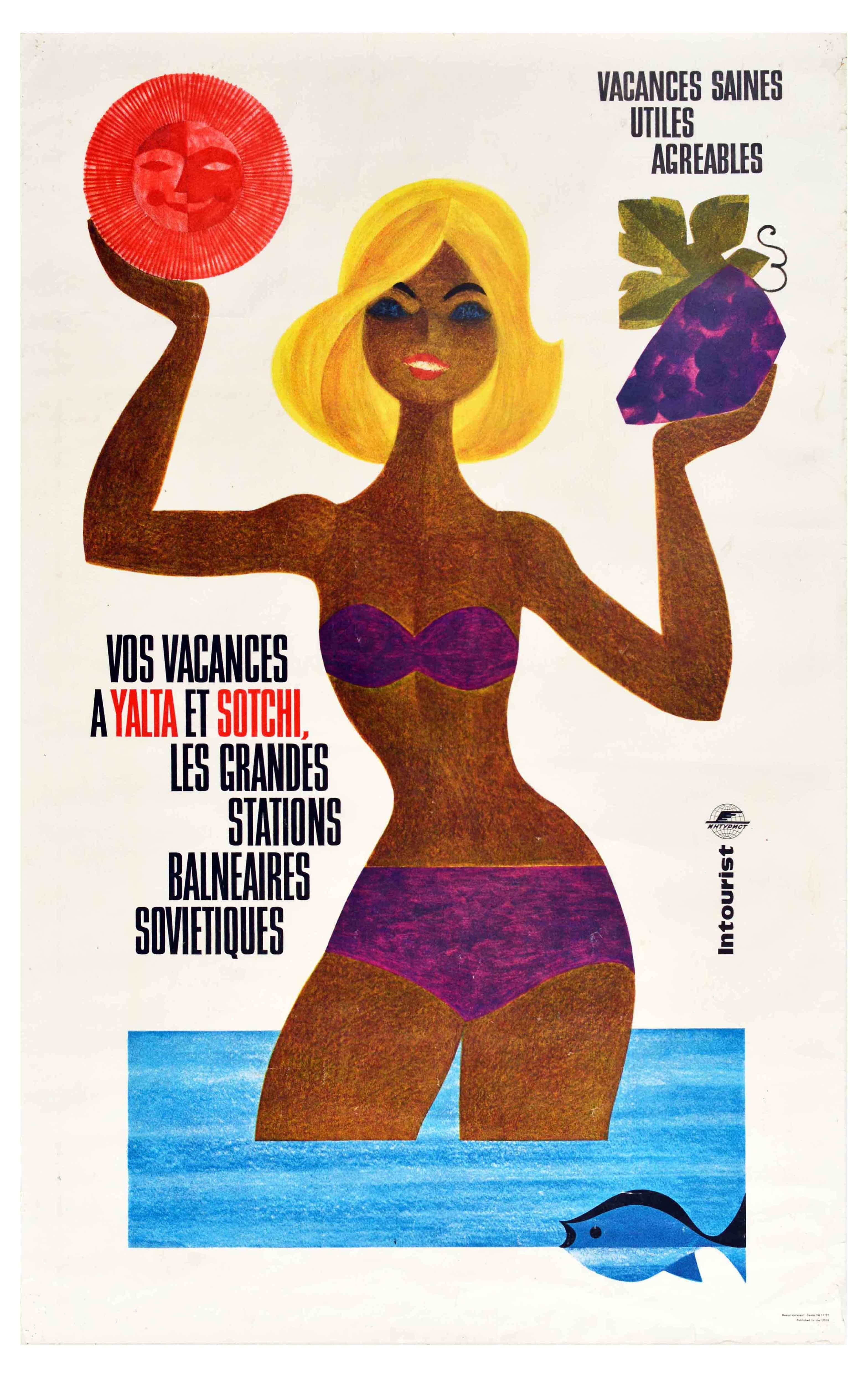Original vintage travel poster issued by Intourist - Healthy Pleasant Holidays Your Holidays in Yalta and Sochi The Great Soviet Seaside Resorts / Vacances Saines Utiles Agreables Vos Vacances a Yalta et Sotchi Les Grandes Stations Balneaires