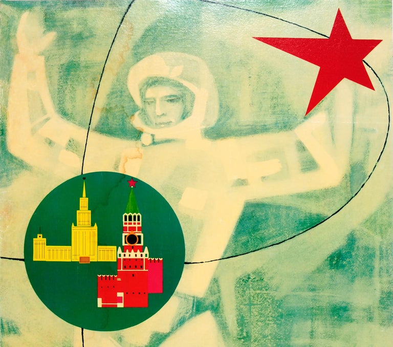 Original Vintage Soviet Intourist Travel Poster Ft Moscow Gagarin Space ...