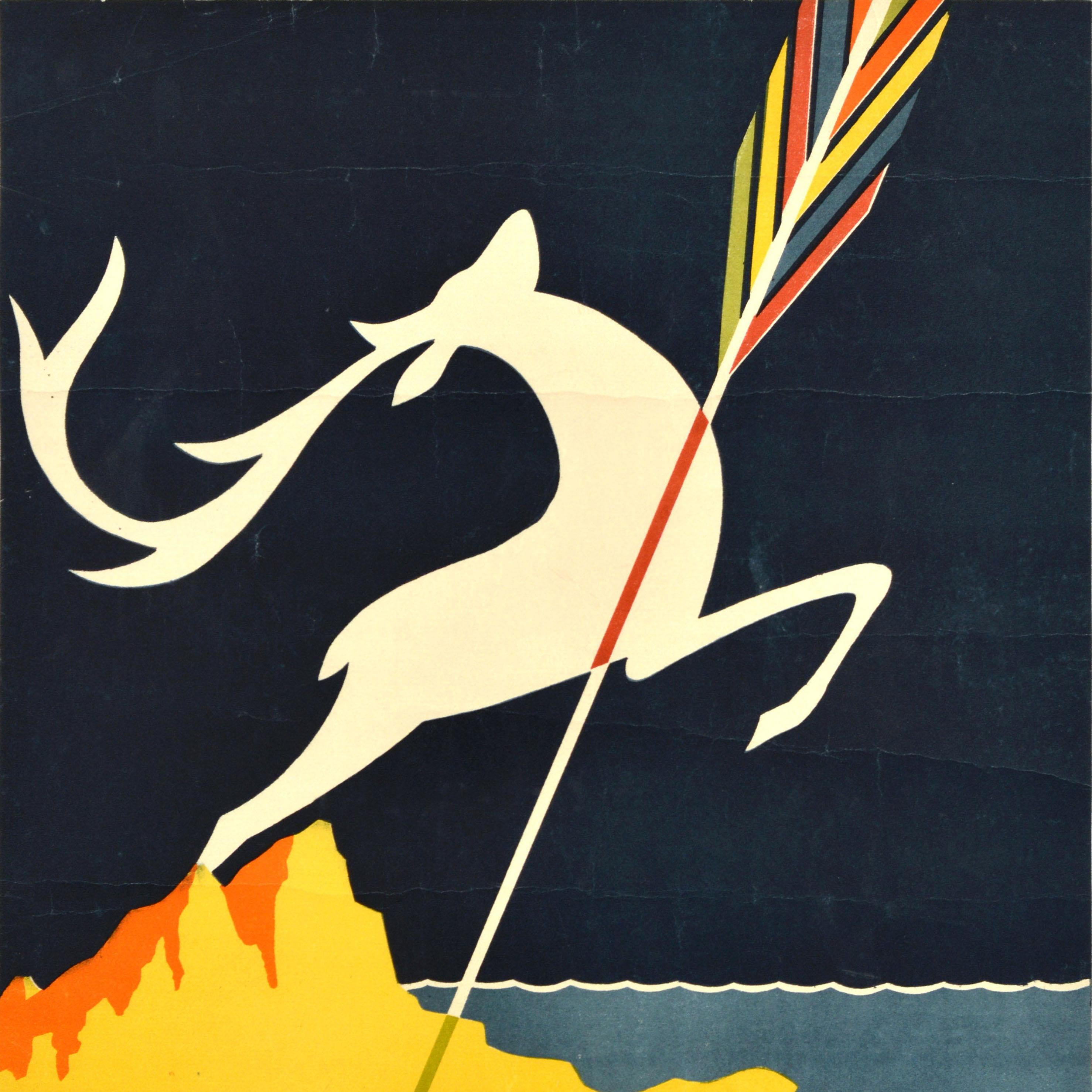 Affiche publicitaire soviétique originale d'Intourist - Hunting in Crimea Yalta - représentant une flèche colorée pointant vers la ville de villégiature de Yalta sur la mer Noire avec la forme en blanc d'un cerf sautant des montagnes de Crimée sur