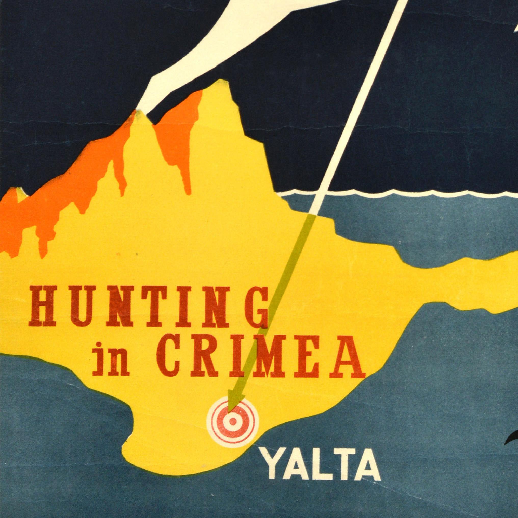 Original Vintage Soviet Intourist Travel Poster Hunting In Crimea Yalta Deer In Good Condition For Sale In London, GB