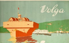 Original Vintage Soviet Intourist Travel Poster Volga River Ft. Watermelon Boat