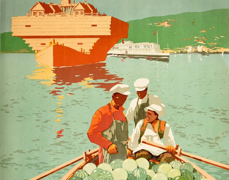Russian Original Vintage Soviet Intourist Travel Poster Volga River Ft. Watermelon Boat For Sale