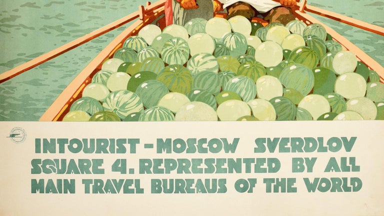 Original Vintage Soviet Intourist Travel Poster Volga River Ft. Watermelon Boat In Good Condition For Sale In London, GB