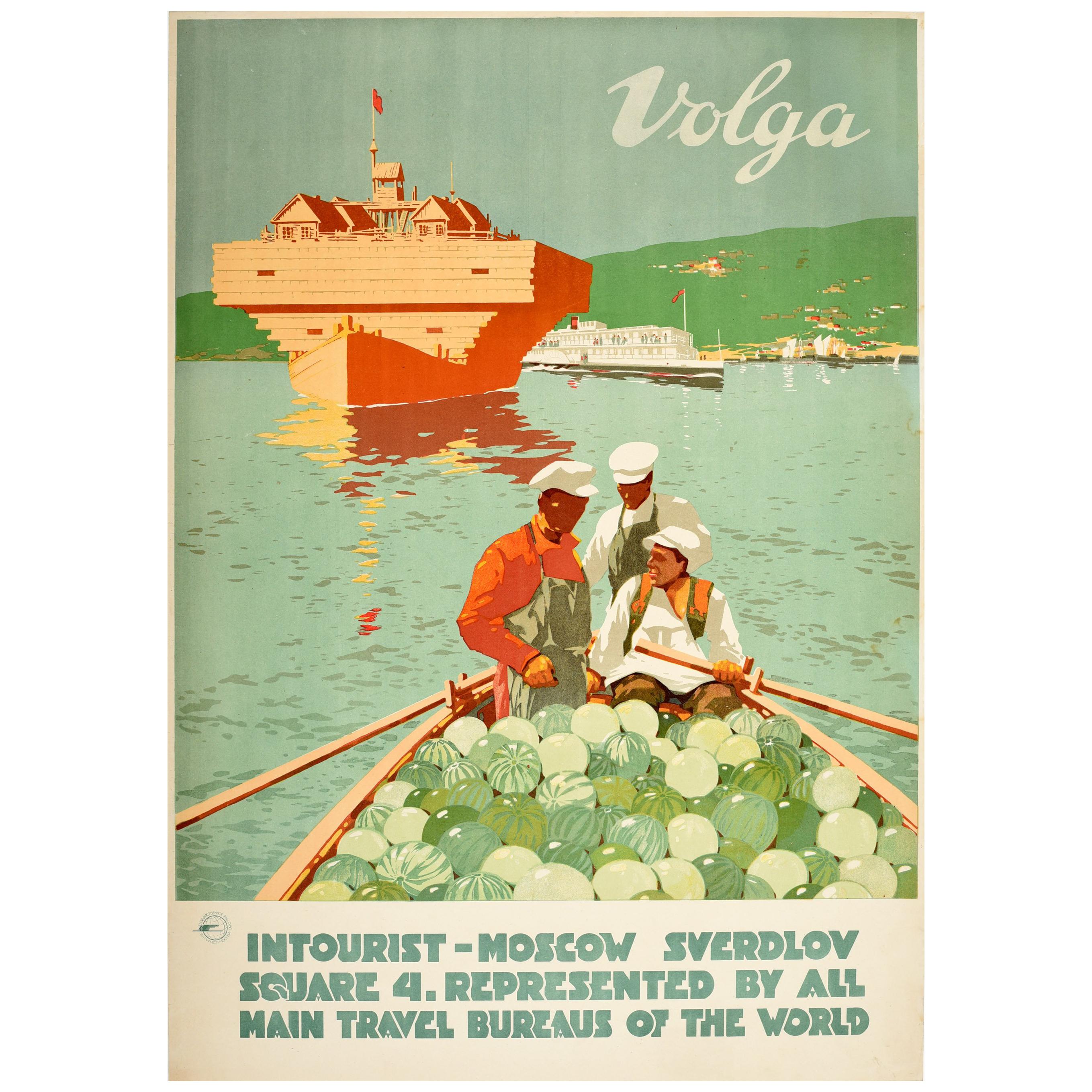 Original Vintage Soviet Intourist Travel Poster Volga River Ft. Watermelon Boat