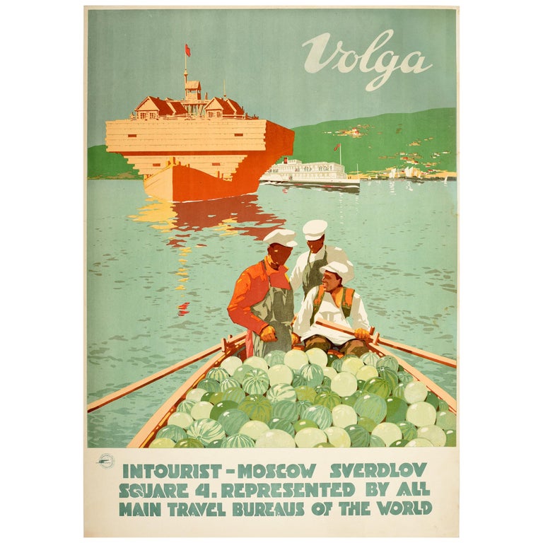 Original Vintage Soviet Intourist Travel Poster Volga River Ft. Watermelon Boat For Sale
