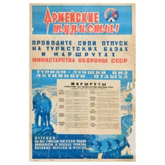 Affiche vintage originale de voyage militaire soviétique, Tourisme de l'armée, Bases touristiques de l'URSS