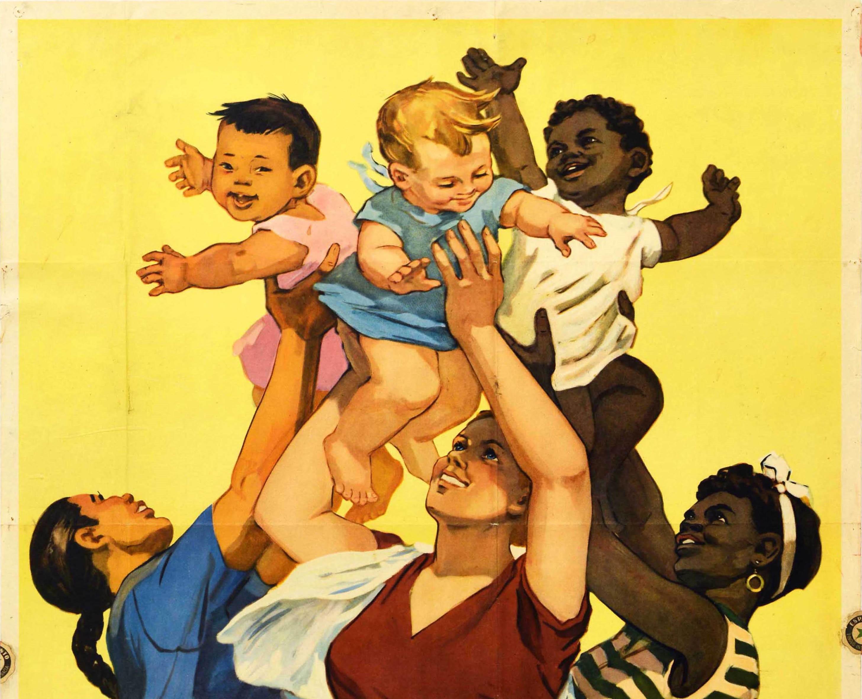 Original vintage anti-war international peace propaganda poster featuring three smiling mothers holding up their happy children against a yellow background with the bold text in Russian and German on their flowing skirts below and in Esperanto on